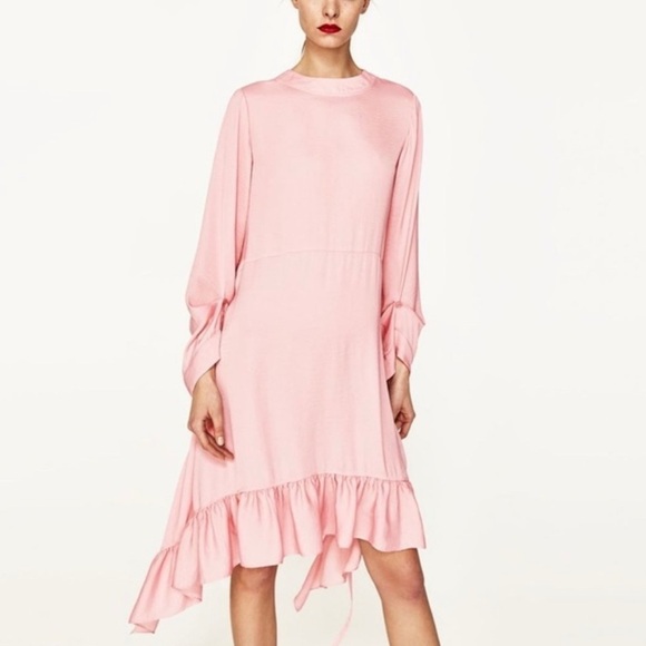 Zara Dresses & Skirts - NWT Zara woman’s Frilled Pink Midi Dress Ruffled Hem Boho Size Large
